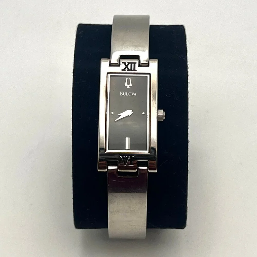 Bulova Womens Watch Silver Tone Rectangle Black Dial 6.25" New Battery - Picture 13 of 14